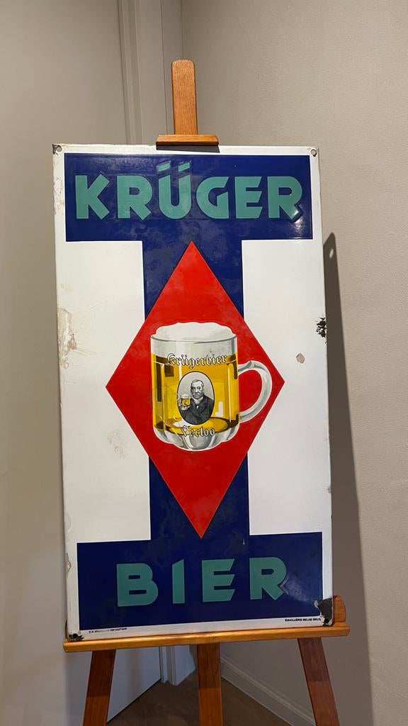 Emaille bord Krüger Eeklo., Verzamelen, Ophalen, Gebruikt, Reclamebord