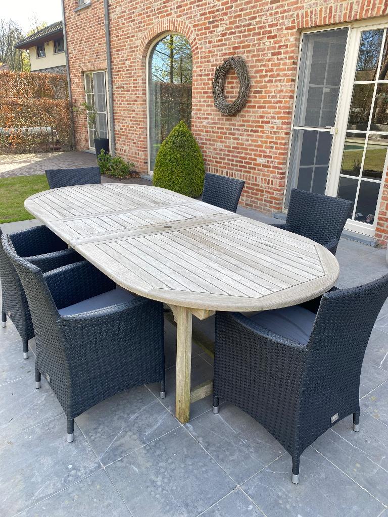 Tuintafel + 6 stoelen, Tuin en Terras, Tuintafels, Ophalen, Gebruikt, Ovaal, Hout