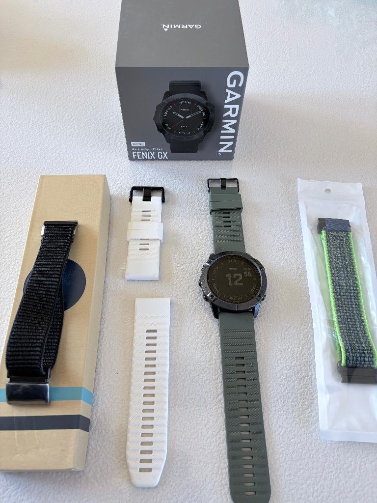 Garmin Fēnix 6X Sapphire 51mm + diverse bandjes, Handtassen en Accessoires, Sporthorloges, Gebruikt, Zwart, Afstand, Calorieverbanding