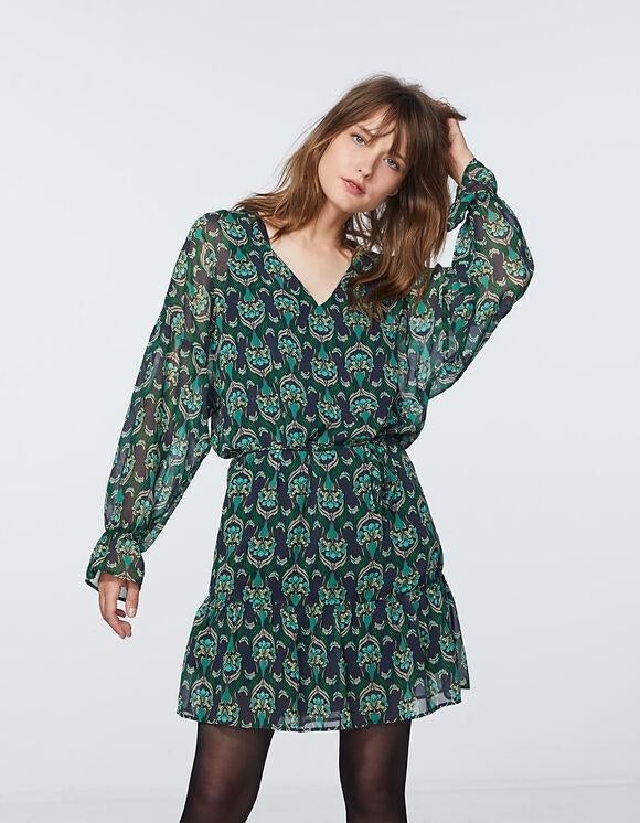 Gloednieuwe jurk IKKS peacock-print 34/36/38 Np € 165, Kleding | Dames, Jurken, Nieuw, Ophalen of Verzenden, Ikks, Maat 36 (S)