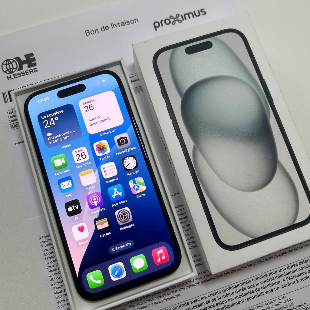 iPhone 15 boite et facture complet, Télécoms, Téléphonie mobile | Apple iPhone, 128 GB, IPhone 15, Comme neuf, Noir