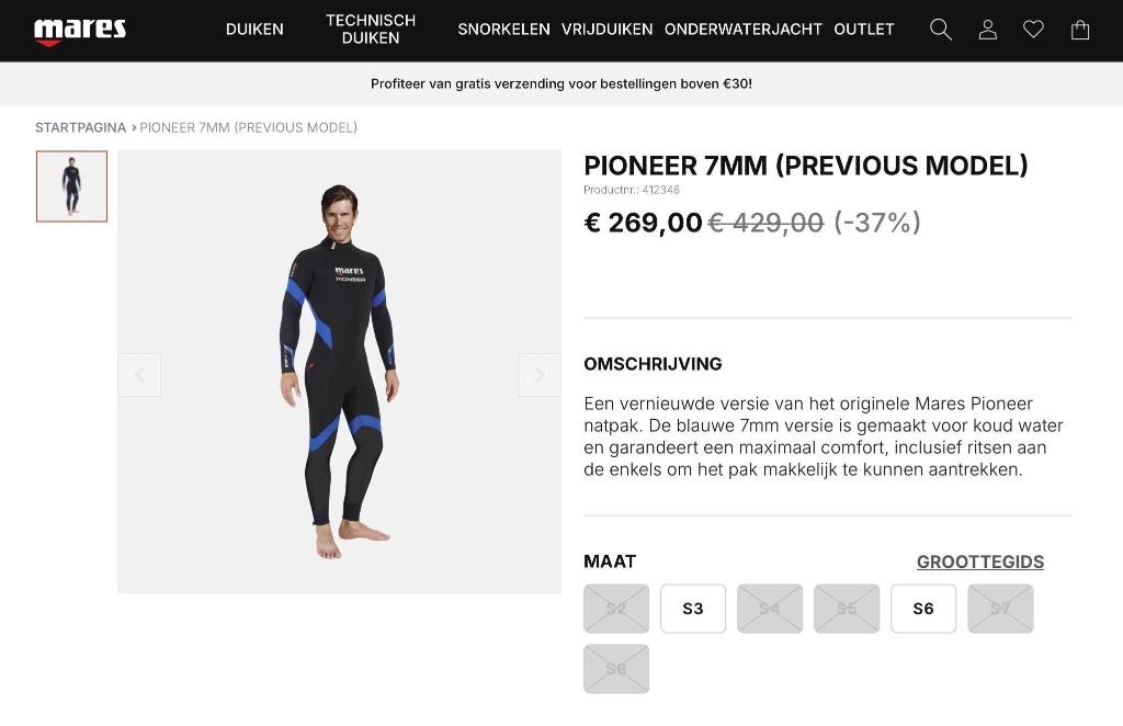 Nieuwe Mares 7mm Pioneer Wetsuit Man size M - Ecocheques, Ophalen of Verzenden, Nieuw, Duikpak