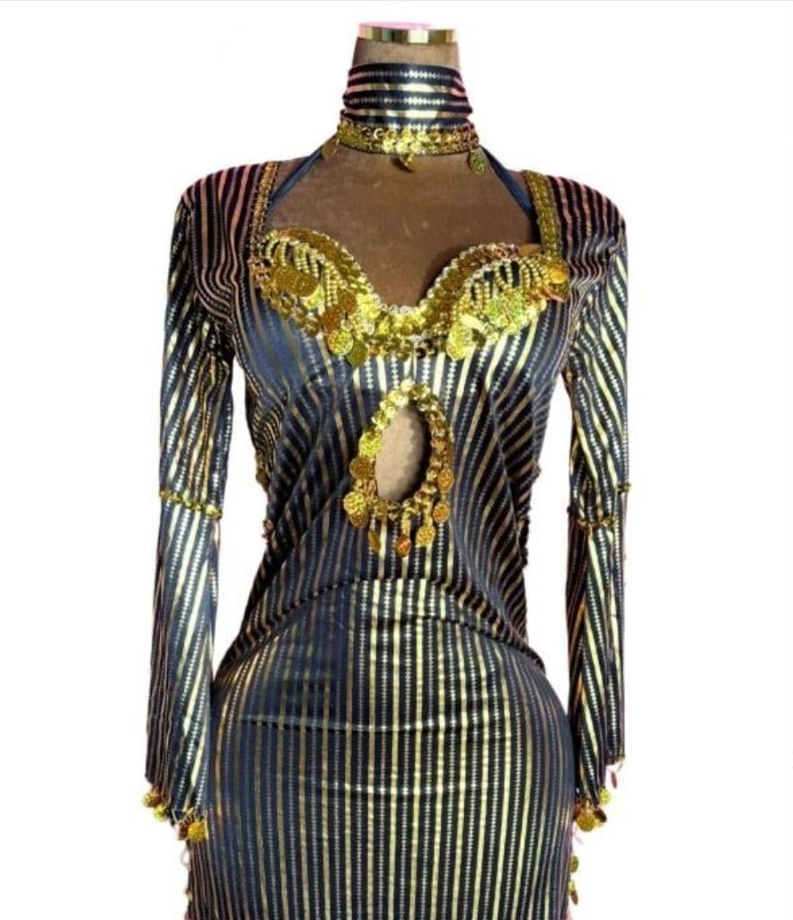 Glamourjurk in zwart en goud met pailletten en franjes, Galabeya, Overige typen, Overige kleuren, Verzenden