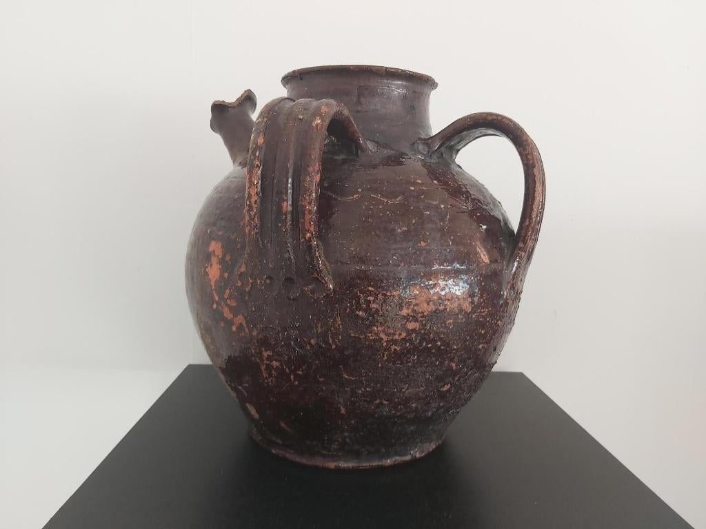 Prachtig gepatineerde antieke franse walnoot olie kruik, Ophalen of Verzenden