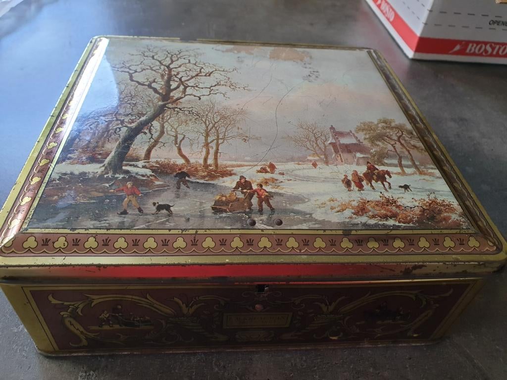 Retro blikken doos thema winter, Verzamelen, Blikken, Ophalen of Verzenden