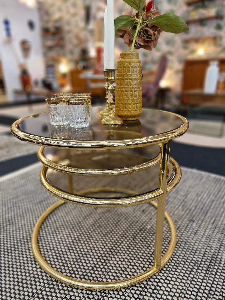 Vintage salontafel double swivel messing rookglas, Ophalen, Gebruikt, Rond, Vintage