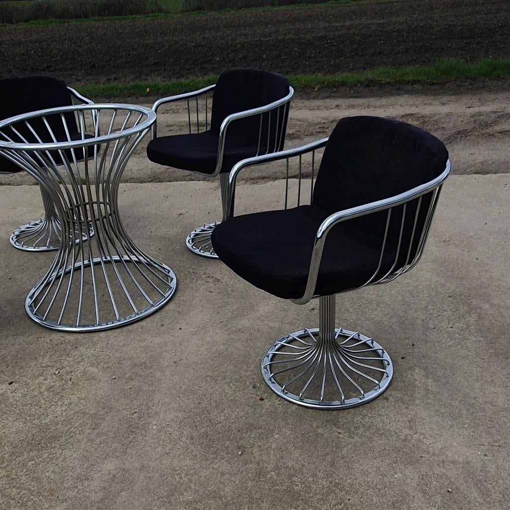 4 Vintage Tacke stoelen en ronde tafel chroom zwart wire, Ophalen, Gebruikt, Italuaans design mcm 1970s