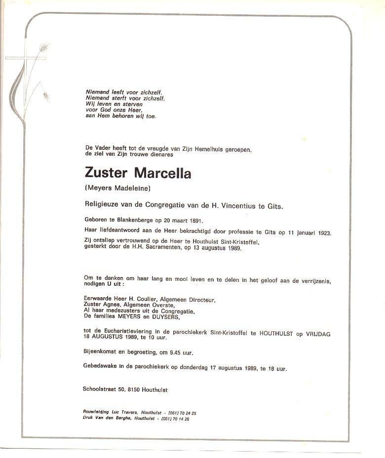 Doodsbrief Zuster M. Meyers Gits Blankenberge Houthulst 1989, Verzamelen, Verzenden, Rouwkaart