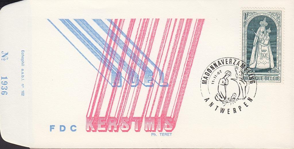 1967 - BELGIË - FDC Kerstmis [Y&T 1436] + ANTWERPEN, Kerst, Met envelop, Verzenden, Postfris