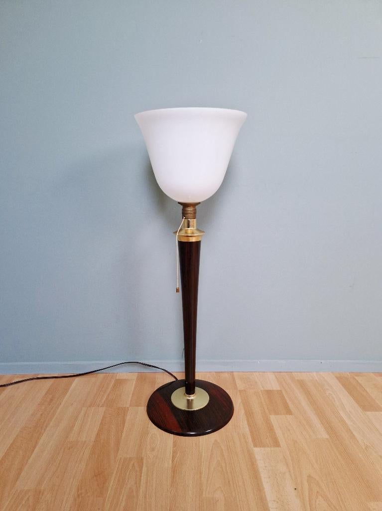 Grande lampe Art Déco Mazda en bois et opaline blanche, Antiquités & Art, Enlèvement ou Envoi