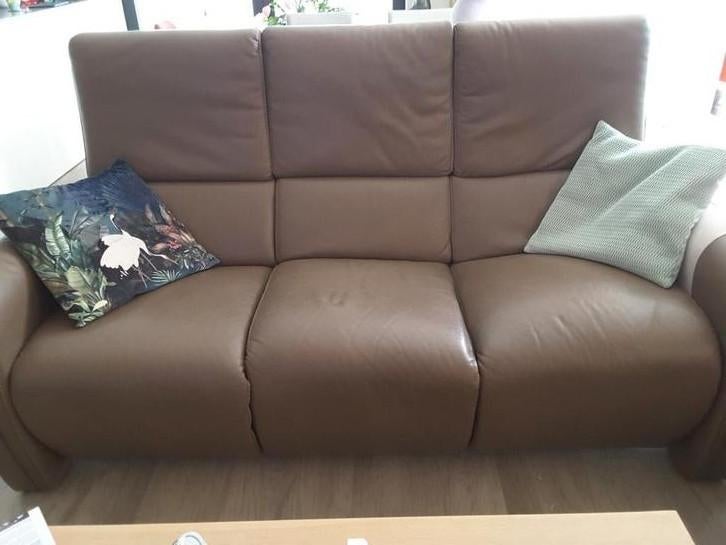 twee- en driezit in kastanjebruin leder, krasvrij, Huis en Inrichting, Zetels | Zetels, Ophalen, Gebruikt, Rechte bank, 200 tot 250 cm