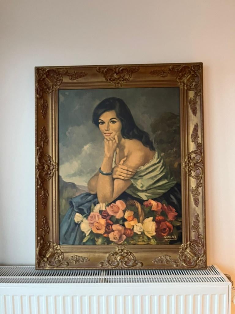 Klassiek portret met bloemen – groot schilderij in sierlijst, Antiek en Kunst, Ophalen