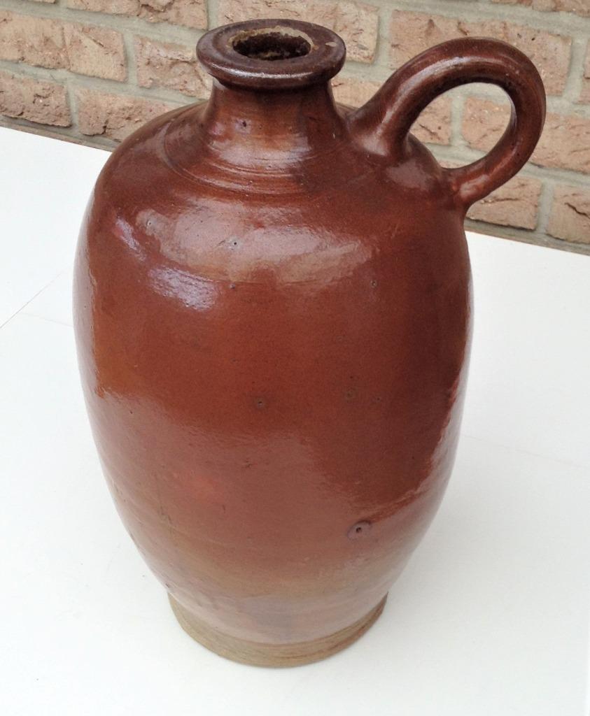 Bruine geglazuurde steenkruik in flesvorm, Ophalen of Verzenden
