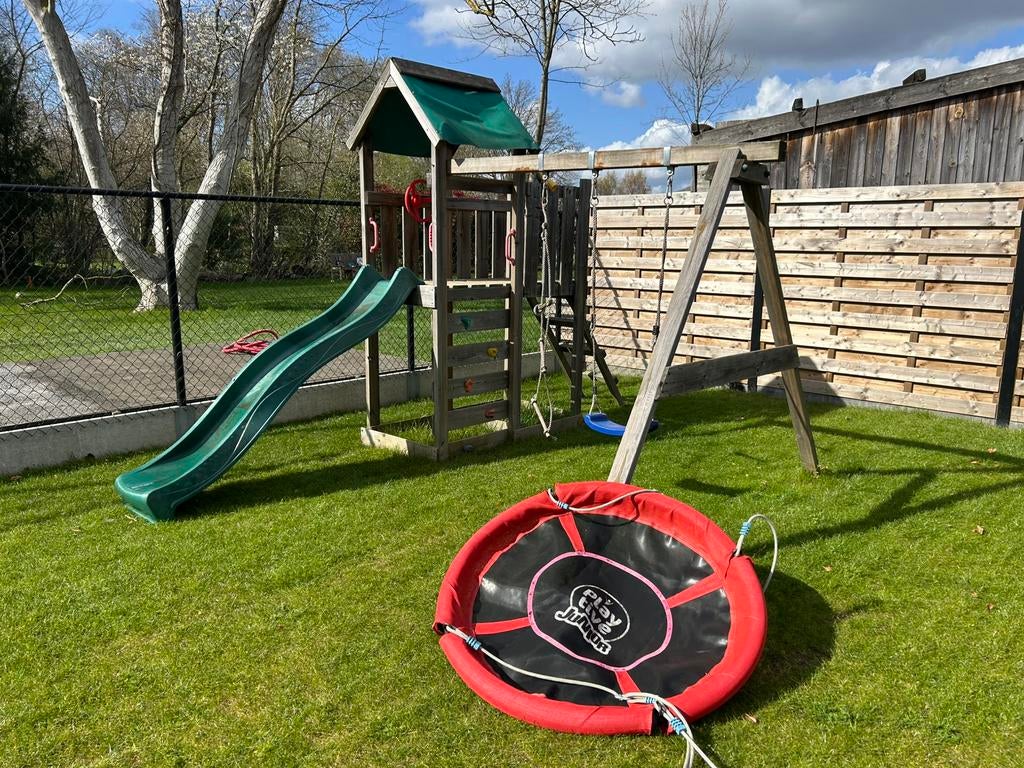 Compleet Wickey Houten Speeltoestel met Nestschommel, Kinderen en Baby's, Ophalen, Zo goed als nieuw, Glijbaan