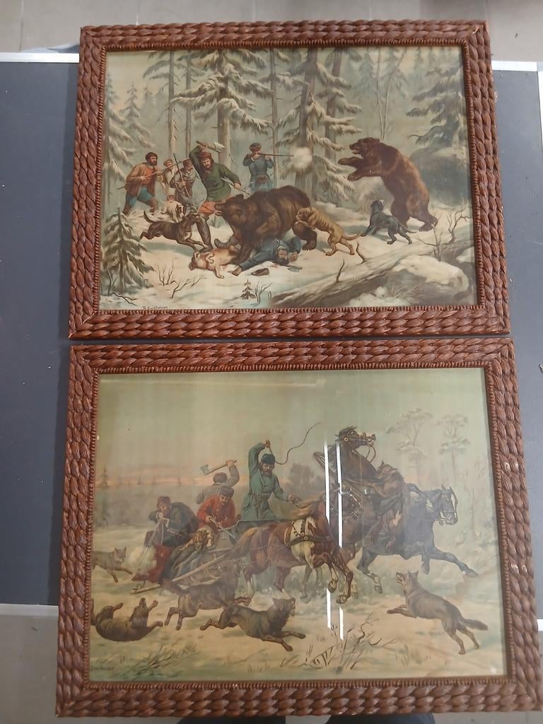 2 prenten jacht , berenjacht en wolvenjacht, Enlèvement