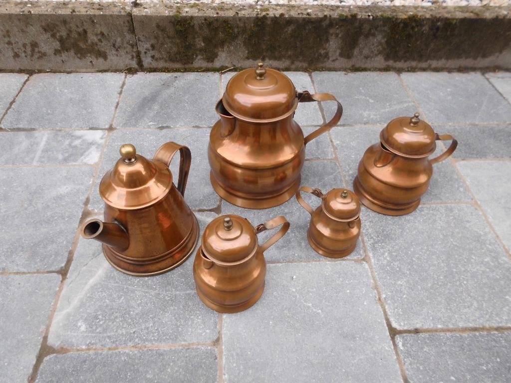 lot 5 koperen voorwerpen: koffiepot, theepot, suikerpot..., Ophalen of Verzenden, Koper