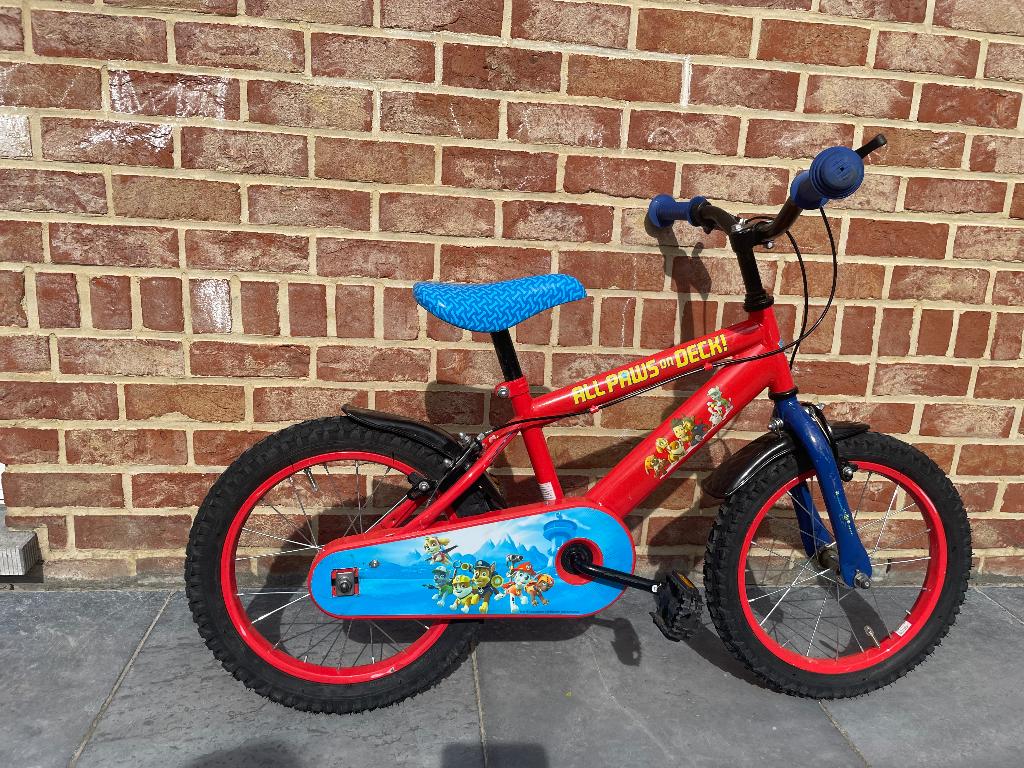 Kinderfiets Paw Patrol 16inch, met zijwieltjes, Ophalen, Gebruikt, 16 tot 20 inch, Zijwieltjes
