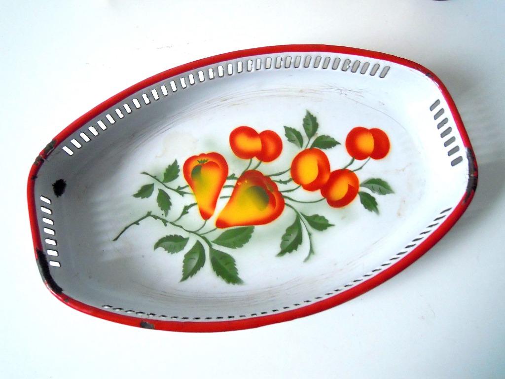 Oude emaille broodmand met fruit, Verzenden