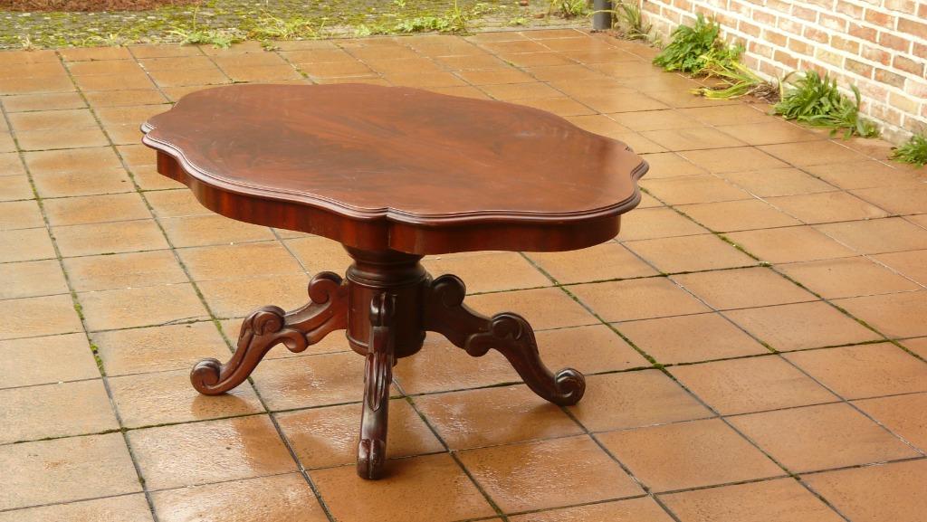 Notenhouten biedermeier tafel met kolompoot - 19de eeuw, Ophalen, Gebruikt, Klassiek, Ovaal