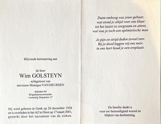 Te koop: bidprentje Wim GOLSTEYN, Verzamelen, Bidprentjes en Rouwkaarten, Ophalen of Verzenden, Bidprentje