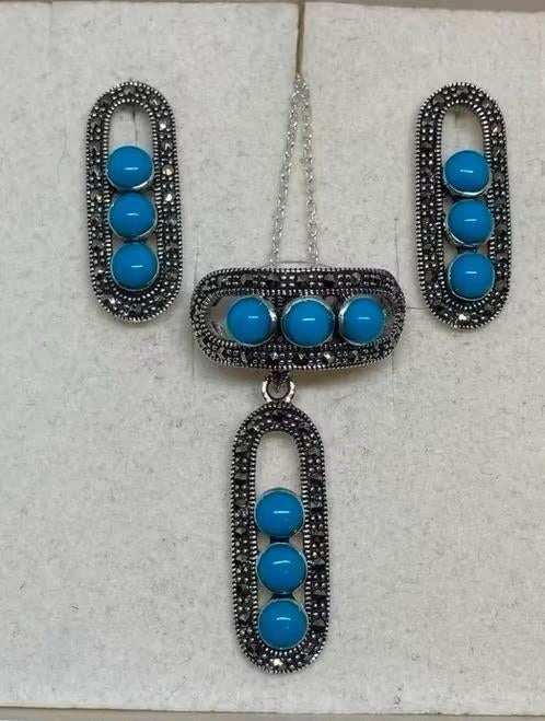 Prachtige Zilveren Set met Turkoois, Handtassen en Accessoires, Antieke sieraden, Verzenden, Zilver, Hanger, Met edelsteen