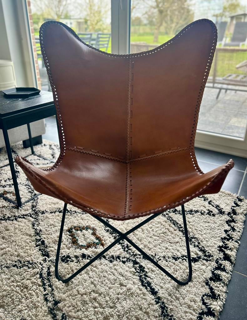 Fauteuil papillon cuir marron/camel, Enlèvement, Comme neuf, Cuir