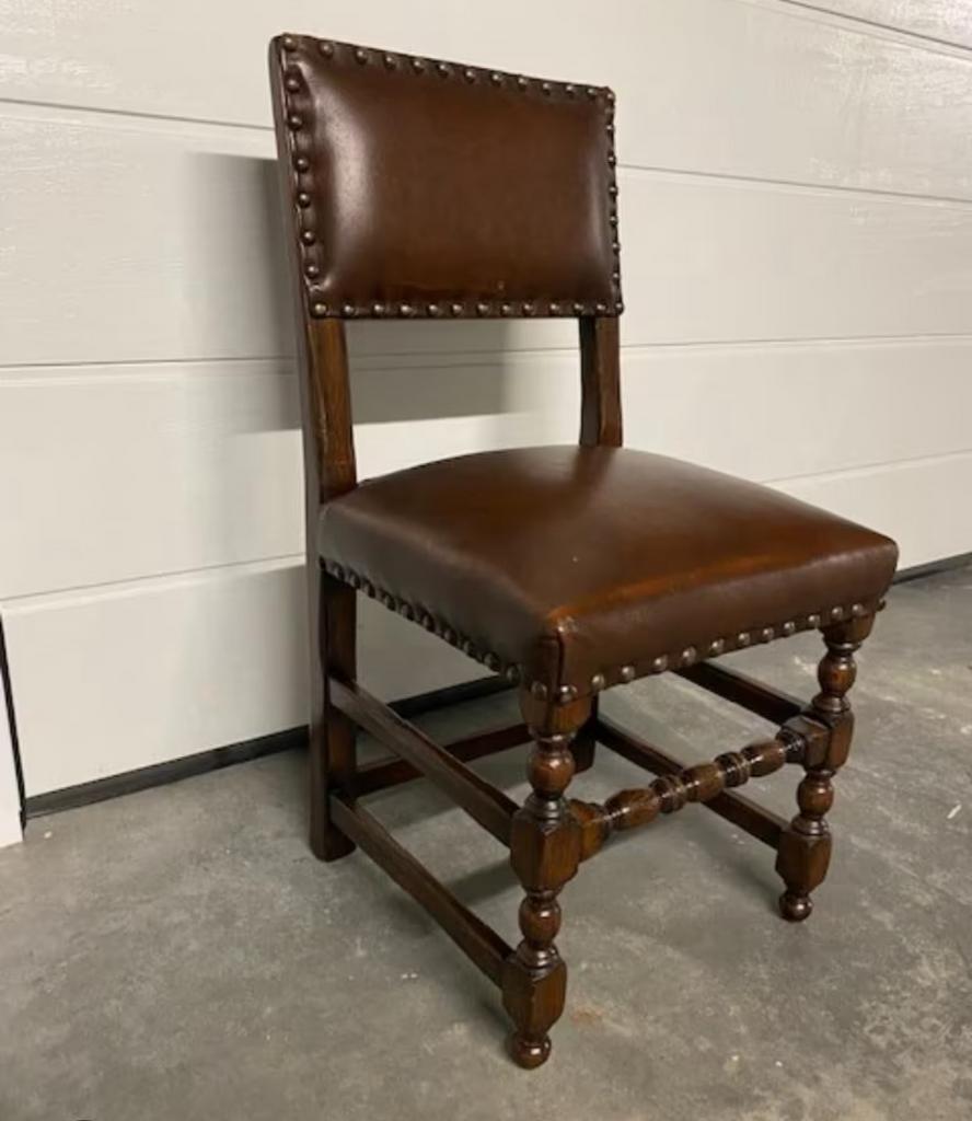 Vintage stoel massief eikenhout gestoffeerde leren zitting, Ophalen