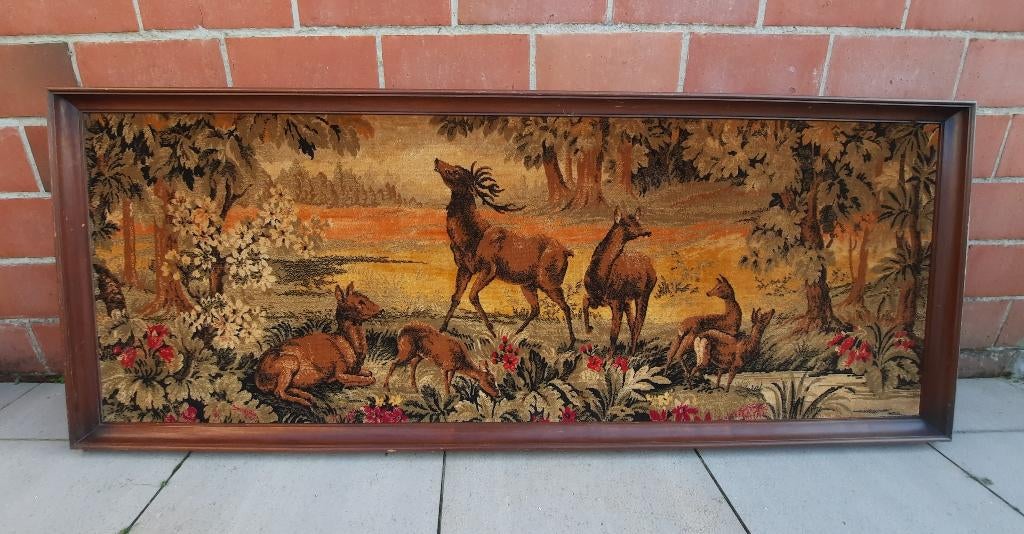 Vintage wandtapijt in houten kader, Antiek en Kunst, Ophalen