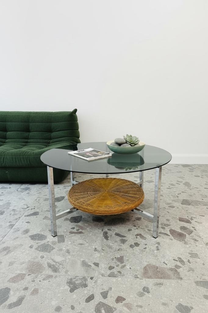 Table basse ronde vintage verre fumé rotin, Antiek en Kunst, Antiek | Meubels | Tafels, Ophalen