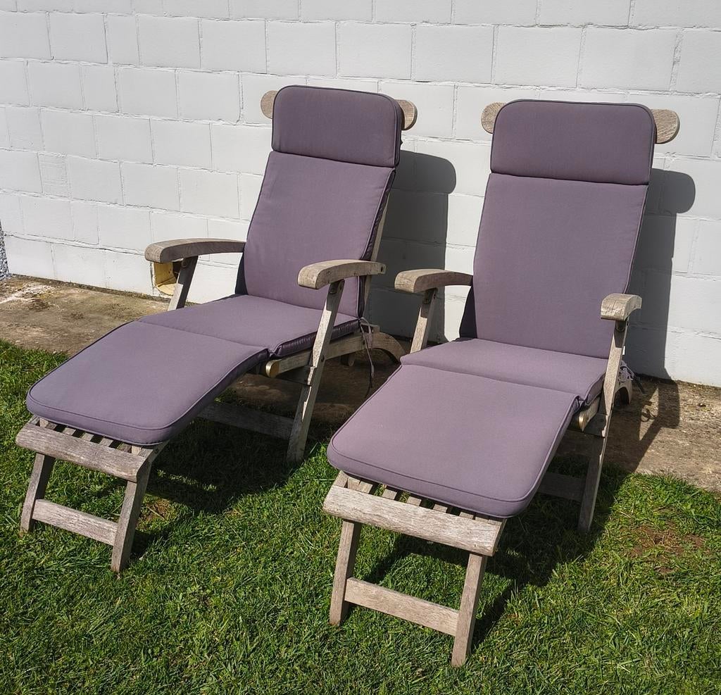 Ligstoelen in teak met kussens., Tuin en Terras, Ophalen