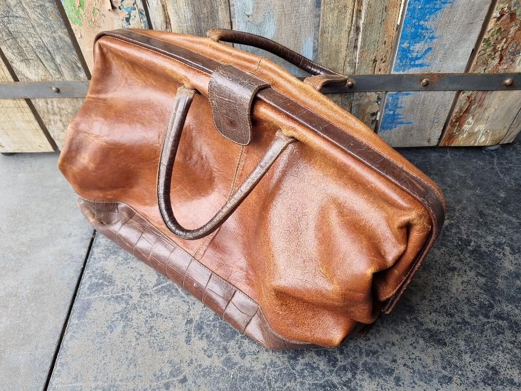 Vintage lederen handtas / boekentas, Ophalen, Gebruikt, Bruin, Handtas