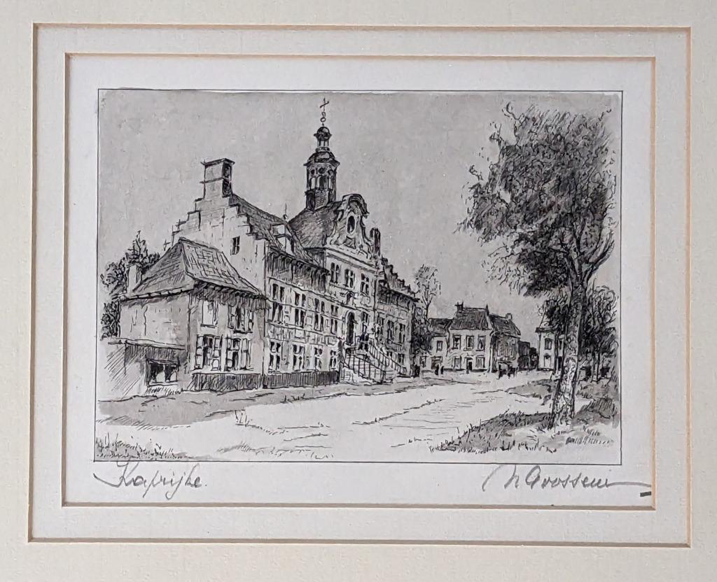Goossens? - tekening stadhuis kaprijke - aquarel, Antiek en Kunst, Ophalen of Verzenden