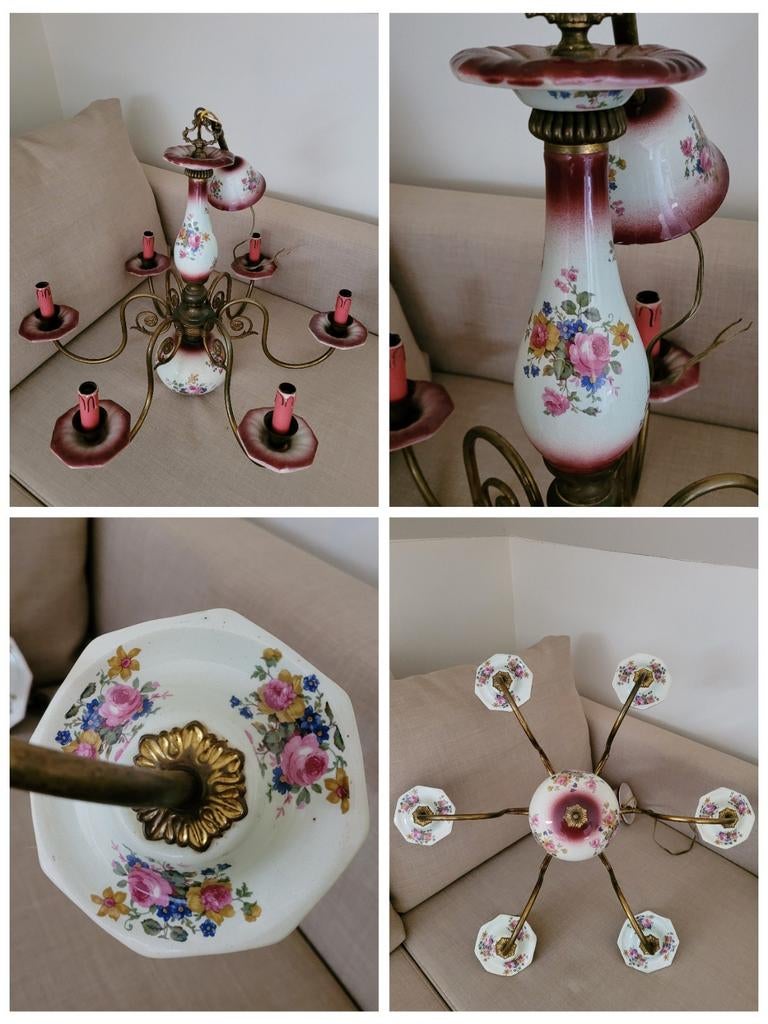 Vintage 6-armige handgeschilderde porseleinen kroonluchter, Huis en Inrichting, Lampen | Kroonluchters, Zo goed als nieuw, Ophalen
