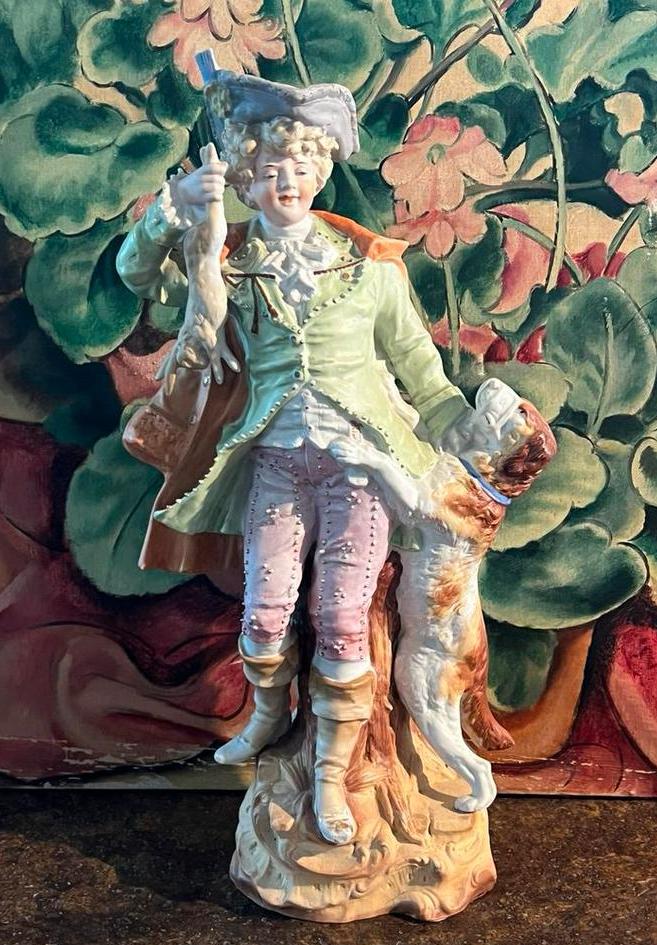 Antieke porseleinen figurine Jager met hond 20e eeuw 40 cm, Antiek en Kunst, Antiek | Porselein, Ophalen of Verzenden
