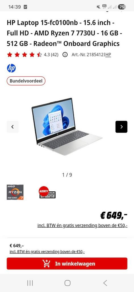 Laptop hp 15-fc0100nb 16 GB 512 GB SLV, Computers en Software, Chromebooks, Ophalen of Verzenden, 16 GB