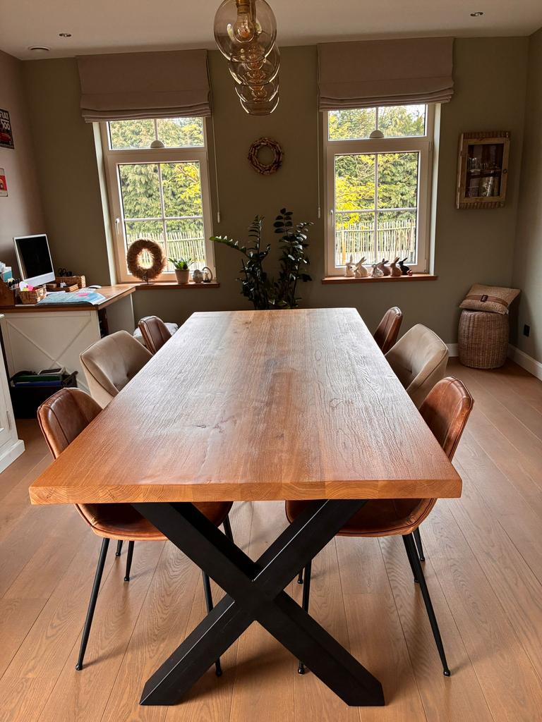 Eetkamertafel + 6 stoelen, Huis en Inrichting, Ophalen, Eikenhout, 200 cm of meer, 50 tot 100 cm
