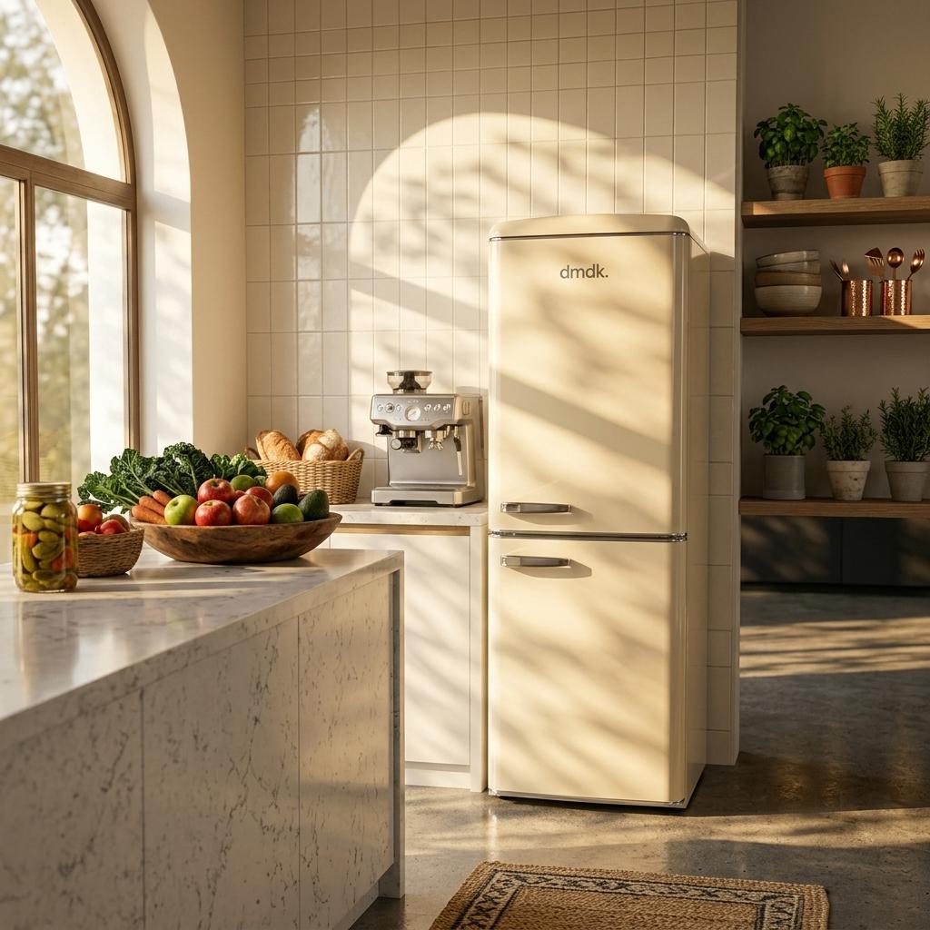 DMDK DKC3 Koel vriescombinatie 244 Liter Retro Creme, 200 liter of meer, Nieuw, 45 tot 60 cm, Met vriesvak