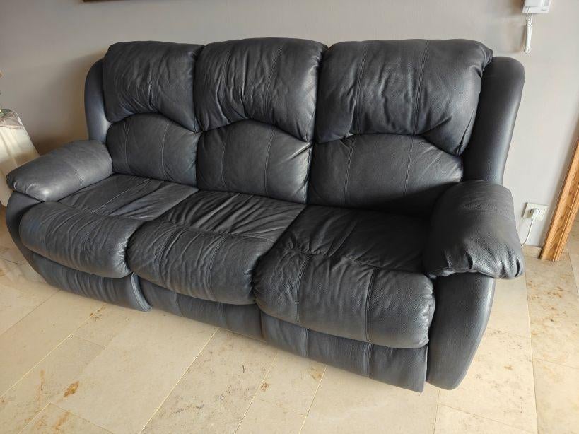 Donkerblauw-grijze lederen salon met elektrische relax, Maison & Meubles, Canapés | Coins salons complets, Enlèvement, Utilisé
