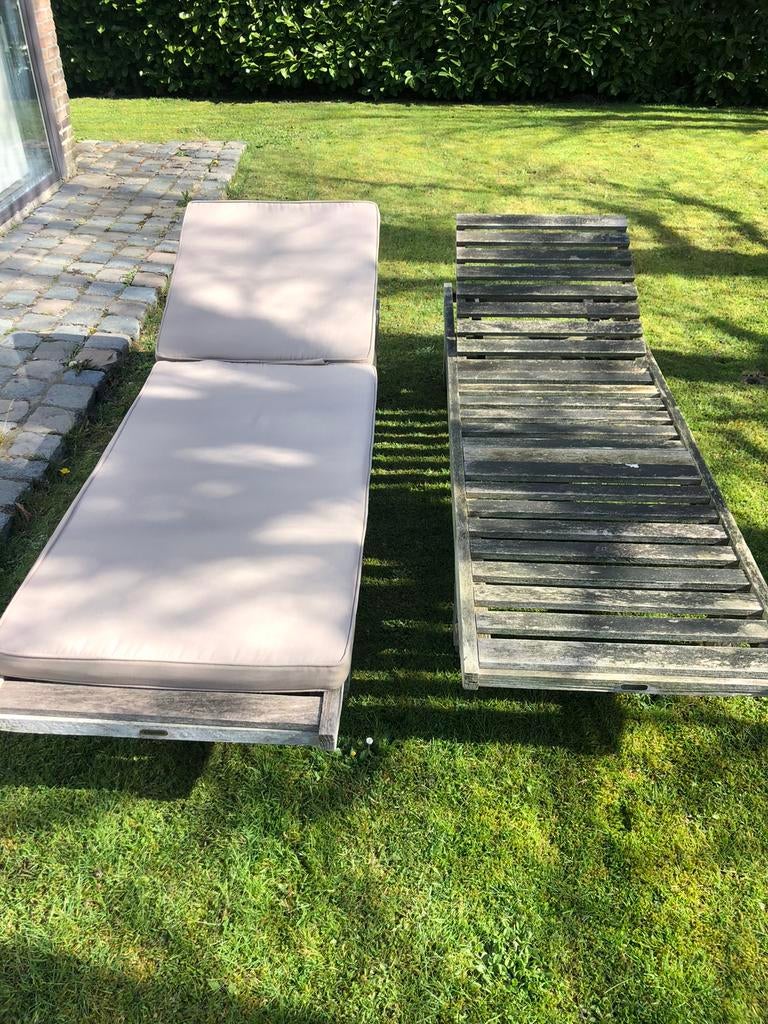 Ligzetels teak met kussens, Tuin en Terras, Ophalen, Gebruikt