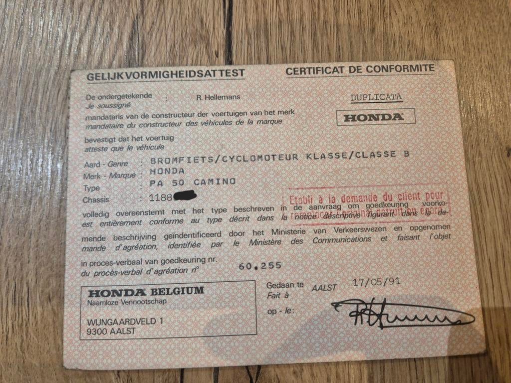 Conformiteitscertificaat Honda Camino, Ophalen of Verzenden, Honda