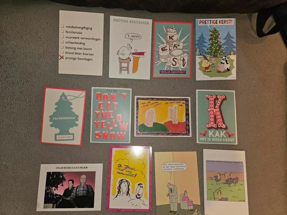 Pakket van 12 humoristische kerstkaartjes, Hobby en Vrije tijd, Kaarten | Zelfgemaakt, Ophalen of Verzenden