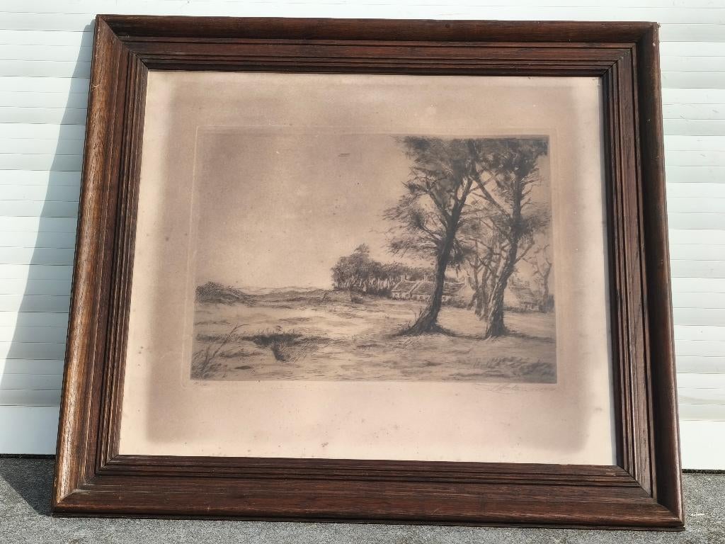 gravure paysage avec maison signe henri mortiaux, Antiquités & Art, Enlèvement ou Envoi