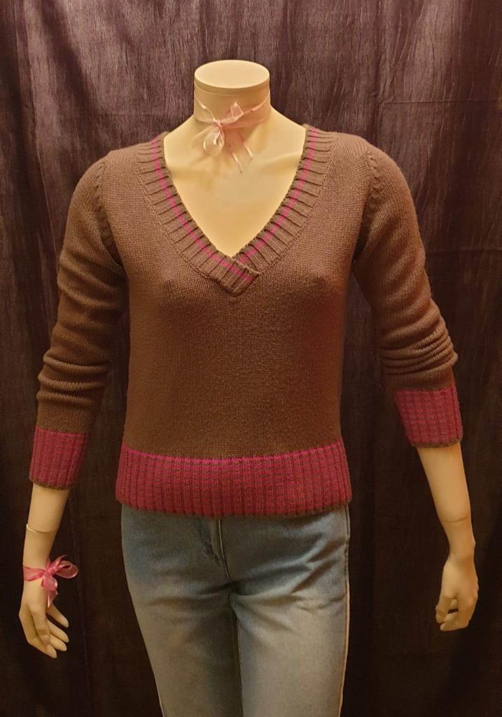 Kaki/roze trui met V-hals, Maat 38/40 (M), Overige kleuren, Sans marque, Ophalen of Verzenden