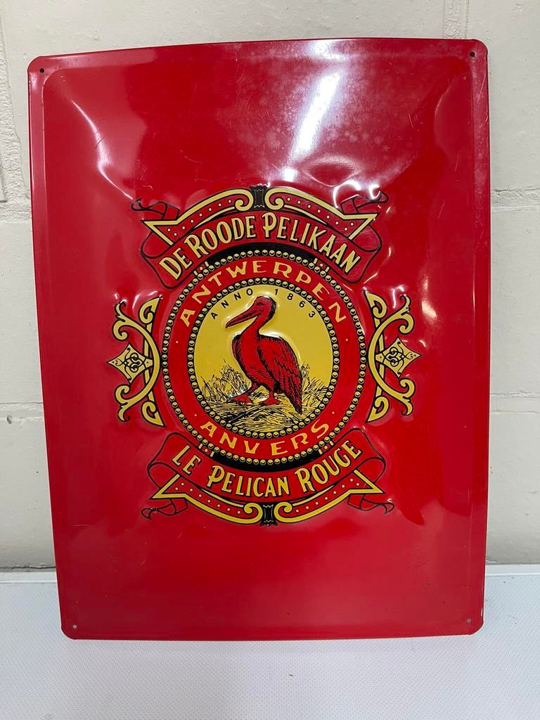 De roode pelikaan blikken bord (29,5 op 39,5), Ophalen of Verzenden