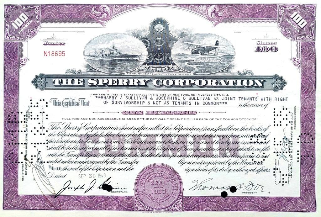 The Sperry Corporation 1949, Ophalen of Verzenden, 1920 tot 1950, Certificaat van aandeel