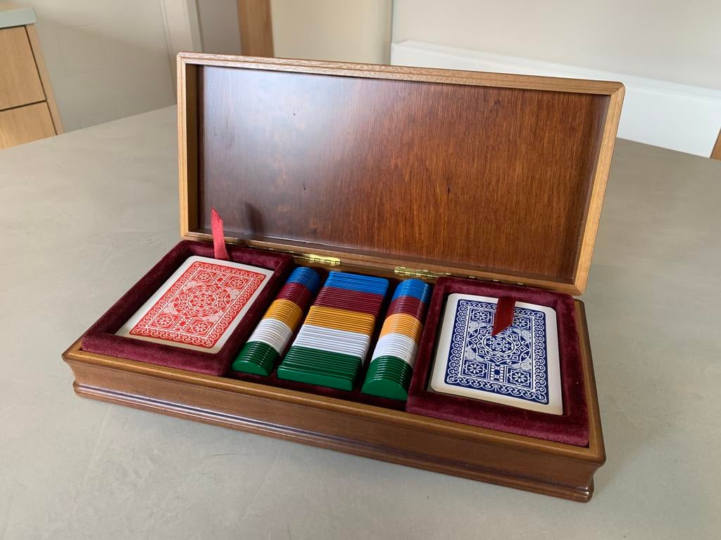 Vintage Italiaanse poker speelkaarten set in een houten kist, Ophalen of Verzenden, Zo goed als nieuw