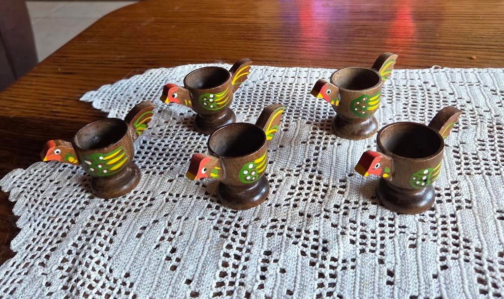 Coquetiers vintage en bois poêle à poulet (5 pièces), Enlèvement ou Envoi, Comme neuf