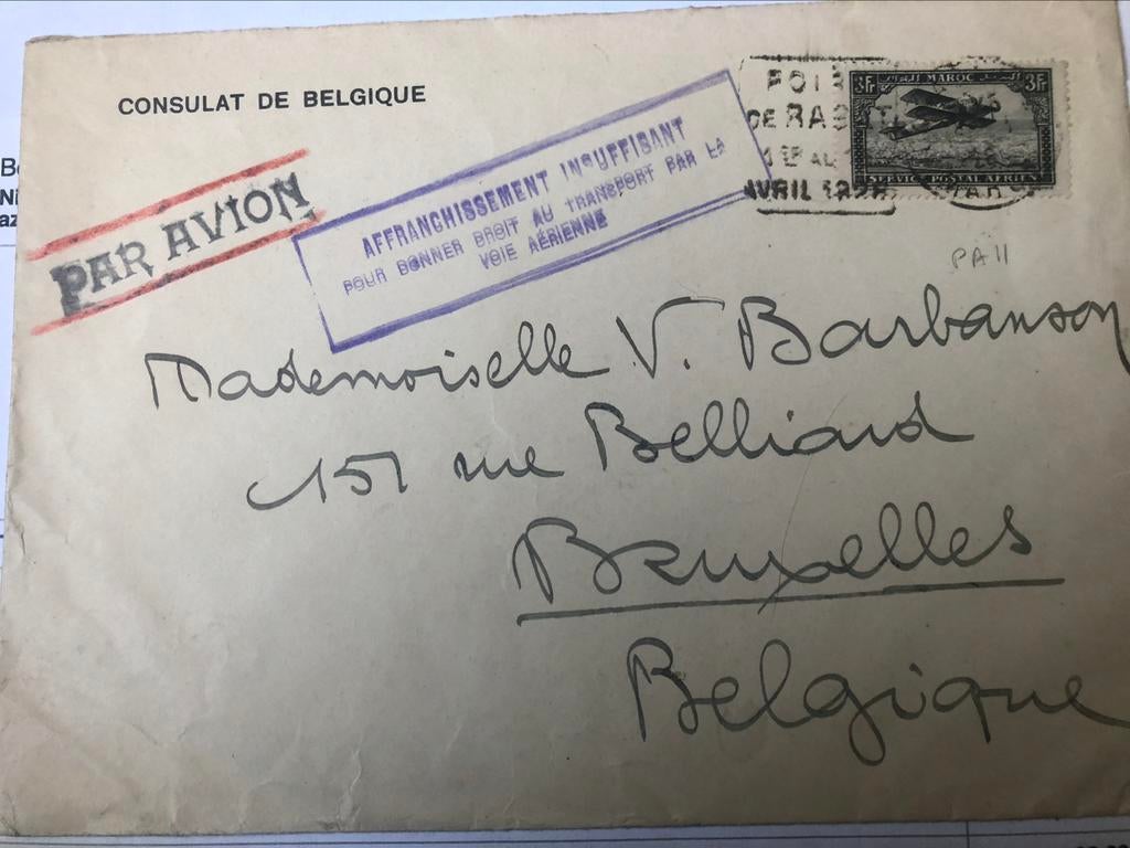 Maroc  1928 lettre par avion consulat belge, Lettre