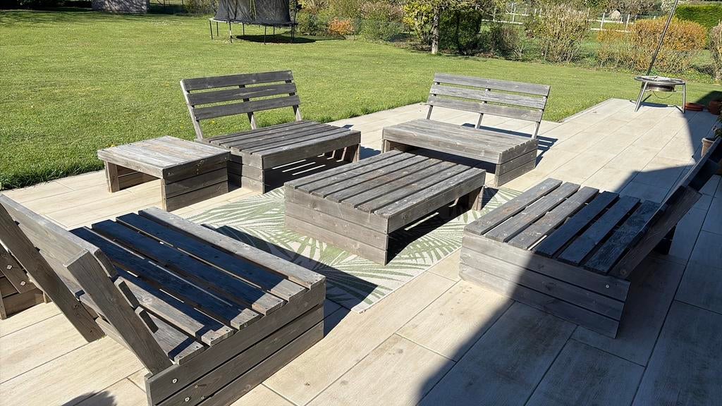 Salon de jardin bois 4 assises + table basse – style palette, Enlèvement, Utilisé