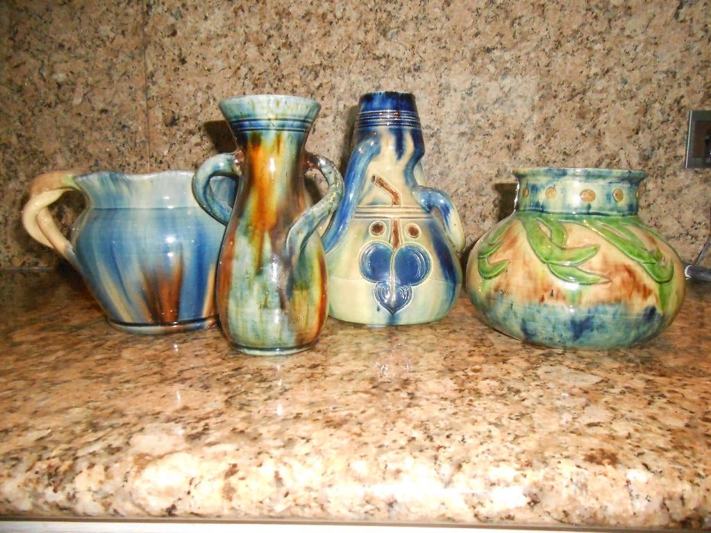 4 vases en céramique flamande, bleu flammé, vert, Antiquités & Art, Enlèvement